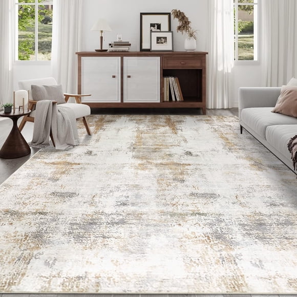 famibay 9x12 Washable Beige Modern Area Rug - Soft Low Pile, Non-Slip, Carpet Rugs for Living Room & Bedroom(Beige and Camel)