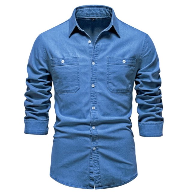 Men's Classic Denim Long Sleeve Shirt Solid Color Casual Button Down Work Shirt with Chest Pocket