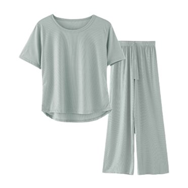 Women's 2-Piece Set Summer Casual Short Sleeve Pullover Top & Wide Leg Pants Lounge Set | Hontri | Womens 2 Piece Outfits Summer Casual Loose Short Sleeve Pullover Tops (Green | L)