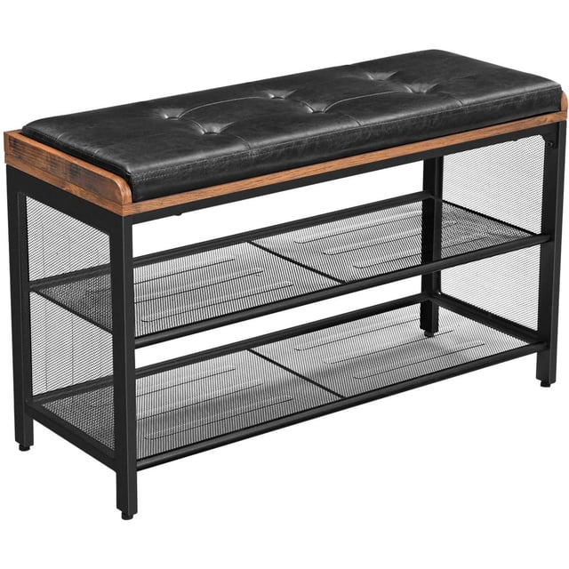 Boutique Home Shoe Rack Bench with Padded Faux Leather featuring a rectangular padded black faux leather seat with button tufting, supported by a matte black iron frame with rustic brown wood accents and two mesh metal shelves for shoe storage, ideal for entryway or mudroom organization and suitable for seating while putting on shoes.