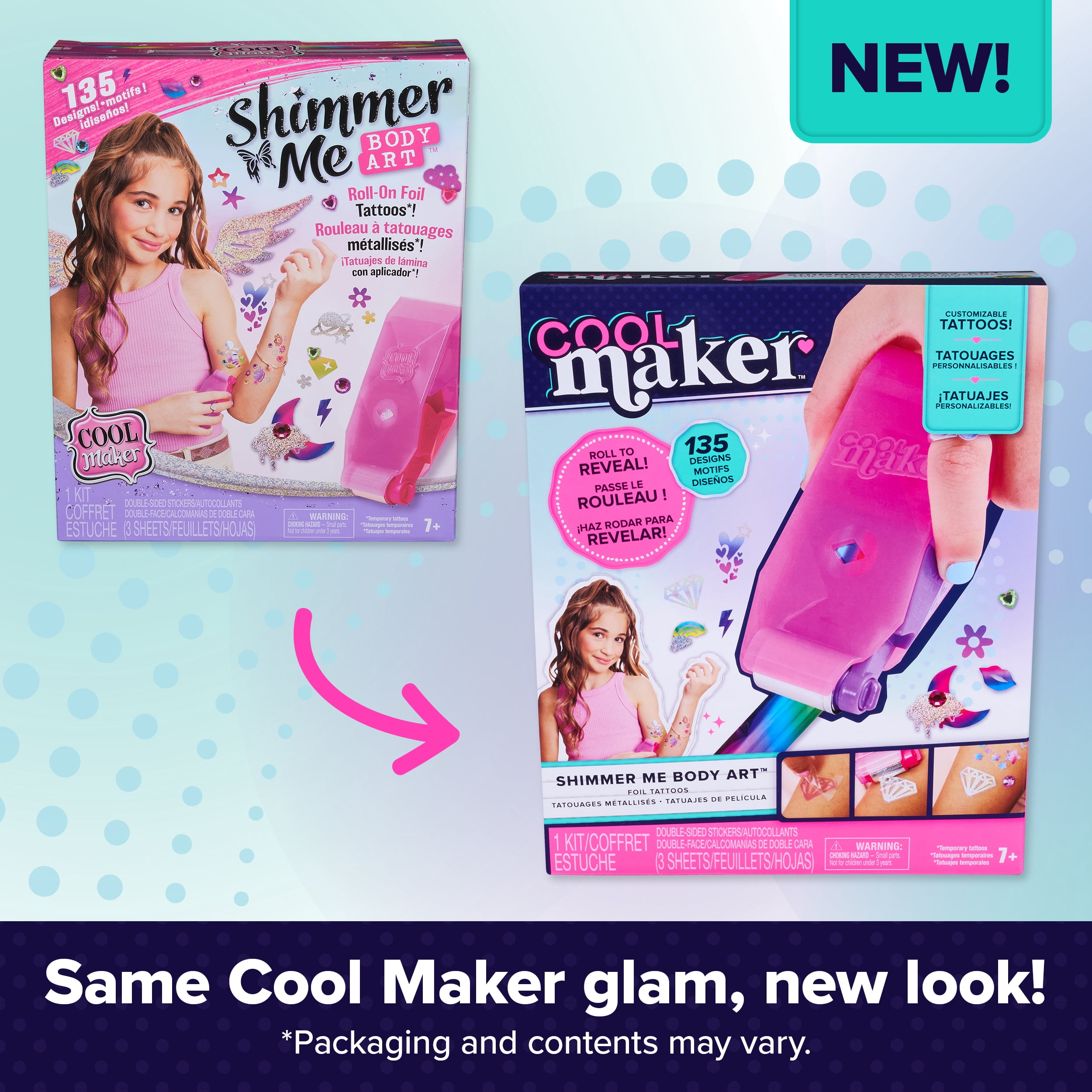 Cool Maker, Shimmer Me Body Art with Roller, Jewels & 3 Foils, 135 Metallic Temporary Tattoo Designs, Arts and Crafts Kids Toys for Girls Ages 7+