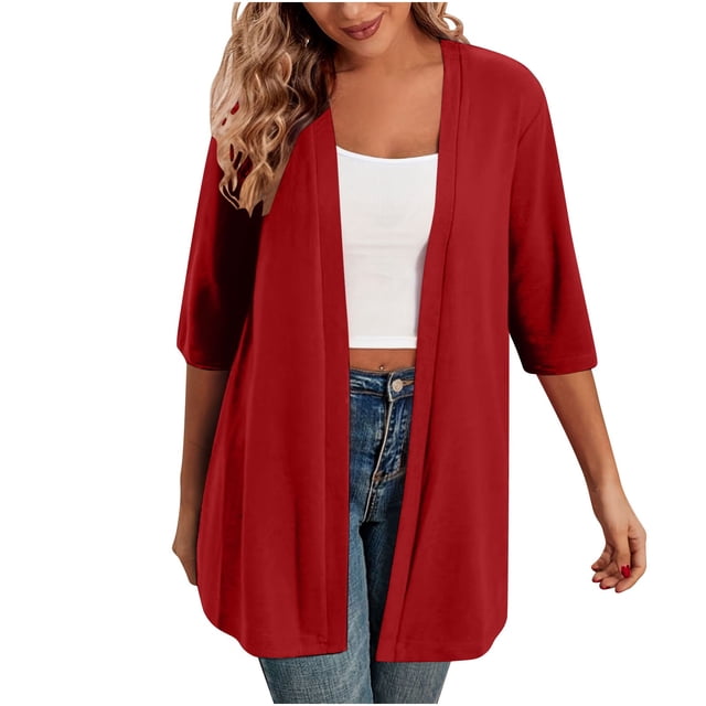 Timegard Cardigans for Women 1/2 Sleeve Open Front Lightweight Solid Color Casual Loose Jacket Tops