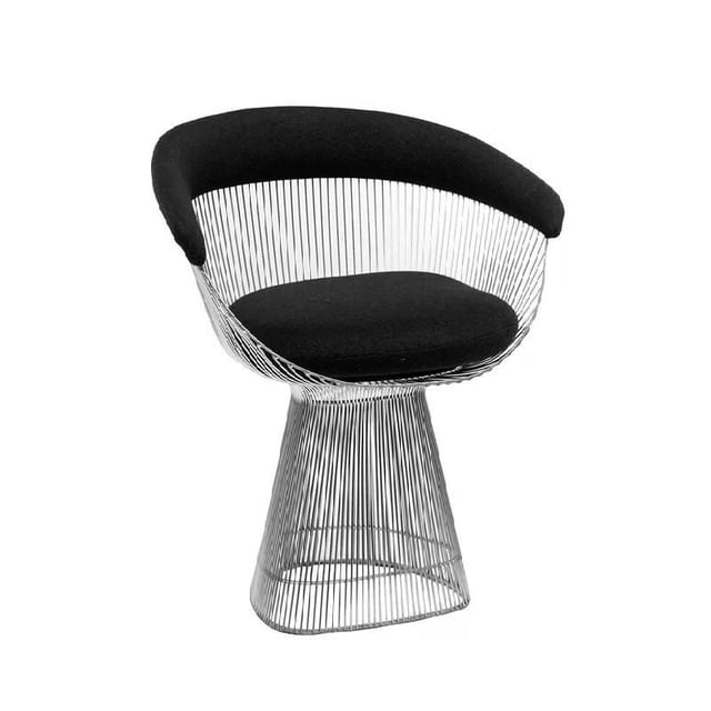 Plata Décor Import Planter Dining Chair with black wool-polyester upholstery and stainless steel wireframe construction, featuring a rounded backrest and cushioned seat, measuring 29 inches high, 27 inches wide, and 23 inches deep, ideal for kitchen and dining seating with modern wireframe design.