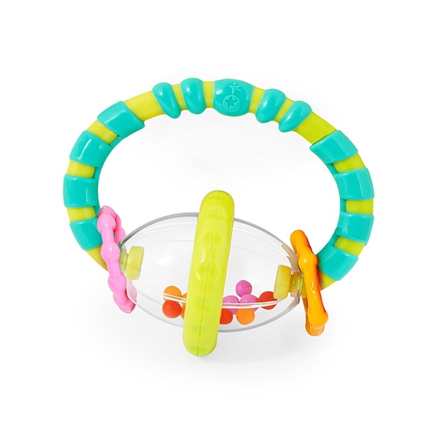 Bright Starts Grab & Spin Rattle Toy with a yellow and turquoise textured teether handle, clear spinning rattle chamber containing colorful beads, and pink and orange sliding rings, designed for infants 3 months and up to soothe gums and develop grasping skills.