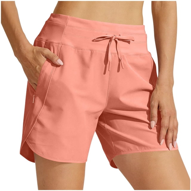 Yammkia Shorts Taille Haute Femme Shorts de Course Tissés à Taille Froncée Coupe Régulière pour Femmes avec Poche (Rouge Melon D\'eau, TTG)