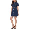 thumbnail image 4 of INSPIRE CHIC Robe-Chemise en Denim pour Femme Col Chemise Manches Courtes Ceinturée Boutonnée Robes en Jean Bleu Foncé L, 4 of 5