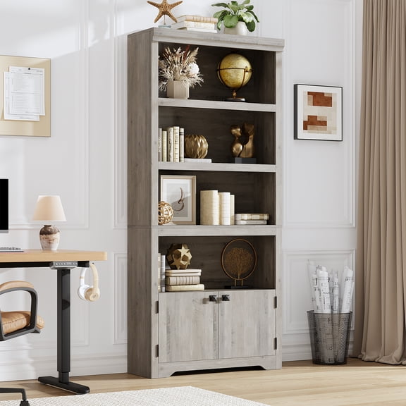 69 inch 5 Tier MDF Bookcase with Doors and Adjustable Shelves, Modern Freestanding Storage Cabinet with Anti Tip Kit for Home Office Living Room, Wood Grain Embossed Black White Gray