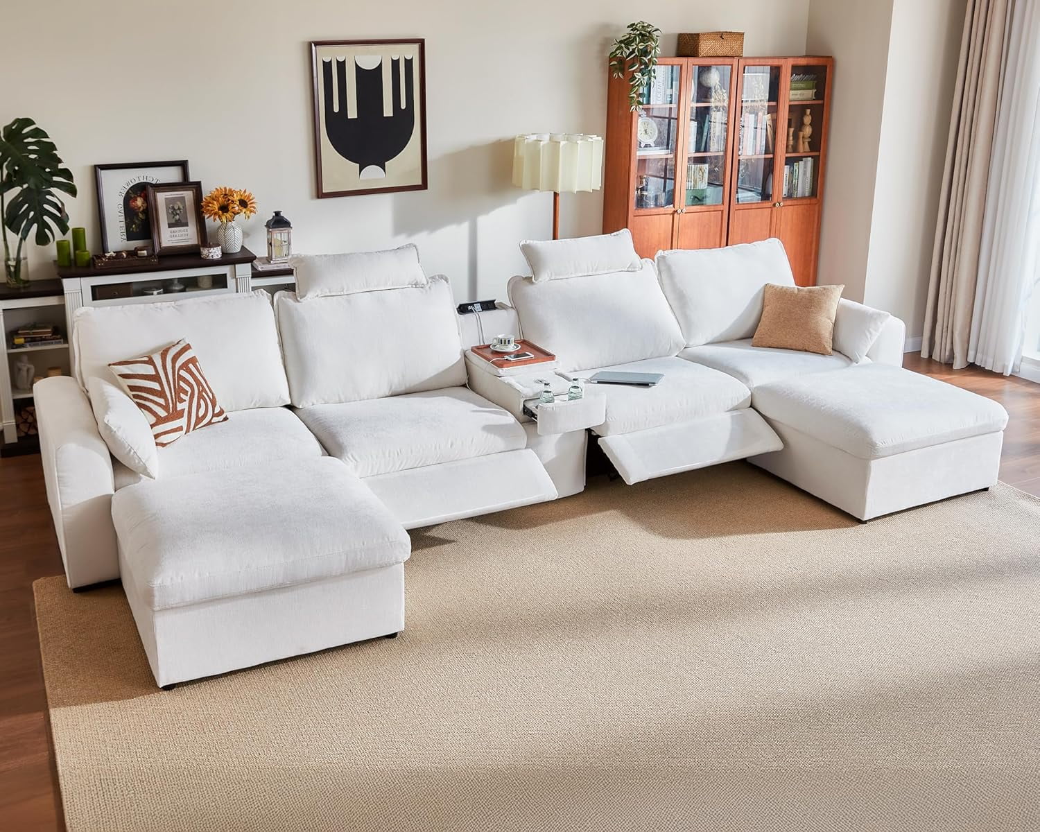 BEDEEP Canapé Inclinable Électrique 174,4 Pieds' avec Console d'Appui-tête, Canapé Sectionnel en Chenille Moduar Cloud avec Ottoman de Rangement, Canapé Convertible 6 Places pour Salon RV, Blanc