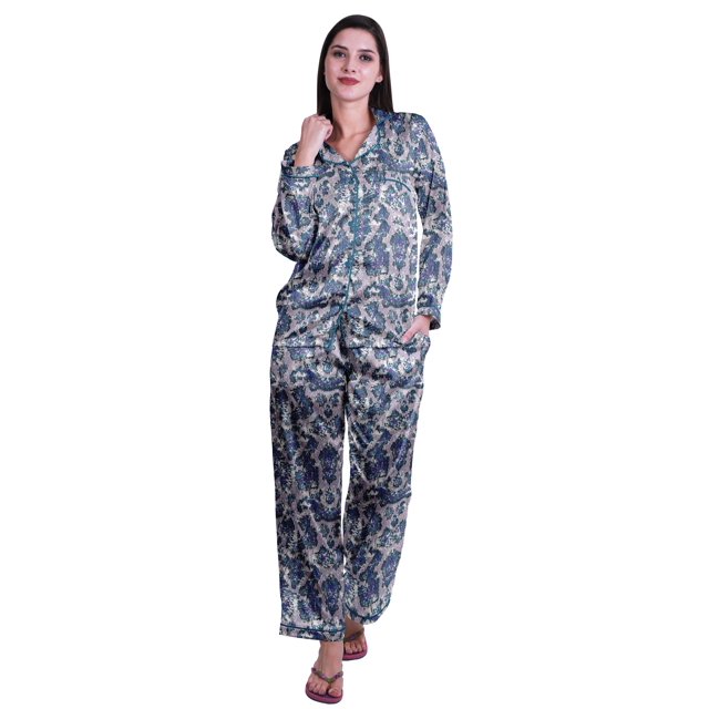 Moomaya Ensemble de Pyjama à Manches Longues et Shorts pour Femmes, Pyjama en Satin à Boutons pour Femmes