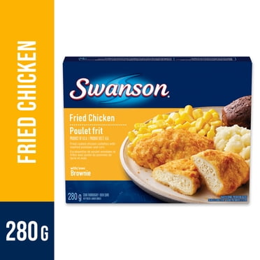 Swanson Poulet frit dîner congelé, Escalopes de poulet enrobées et frites avec purée de pommes de terre et maïs avec brownie Poulet frit, 280g