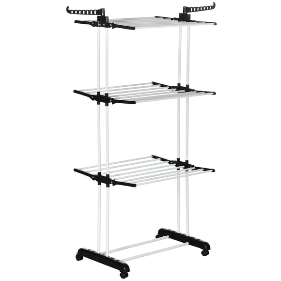 HOMCOM Foldable Clothes Drying Rack with 2 Side Wings and 4 Castors Black