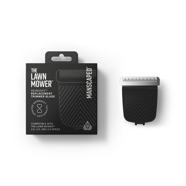 MANSCAPED® The Lawn Mower® Skinsafe™ Replacement Trimmer Blade with black snap-in ceramic blade module and black box packaging featuring white text, compatible with Lawn Mower 2.0, 3.0, and 4.0 models, designed for safe grooming with SkinSafe™ technology.