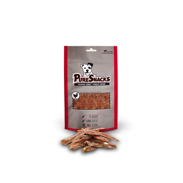PureSnacks Chicken Jerky Dog Treats in a gray and red resealable bag with a dog logo, showing dried chicken breast strips piled in front, made from 100% USA sourced chicken breast with no added glycerin, ideal for dogs with allergies or dietary needs.