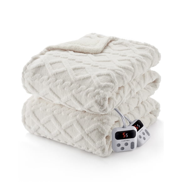 King Size Electric Heated Blanket - Dual Controls Sherpa Tufted Blanket - 10 Heat Levels & Timer, Fast Heating, LCD Controller, ETL Certified, Machine Washable, White, 90x100 Inches