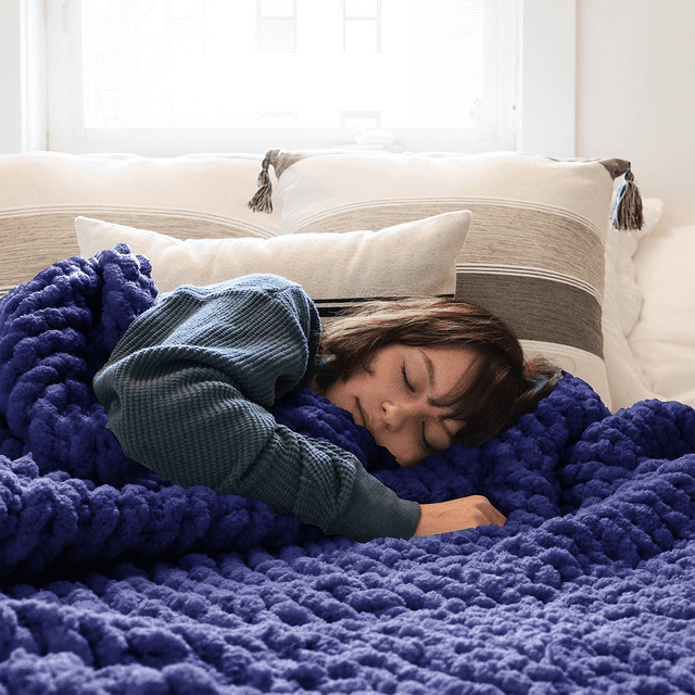 Comtest Chunky Knit Throw Blanket Chenille, Navy, 87"x103"(California King Size)