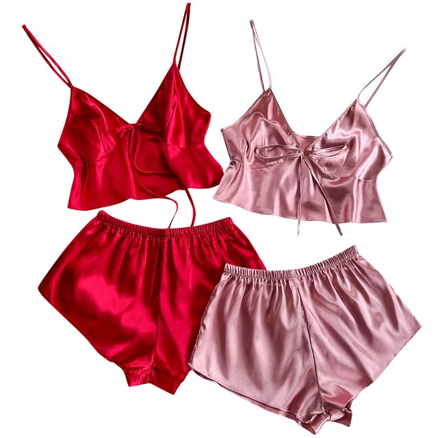 Birdeem Ensemble de Pyjama 2 Pcs pour Femmes Bretelles Solides Dentelle Shorts