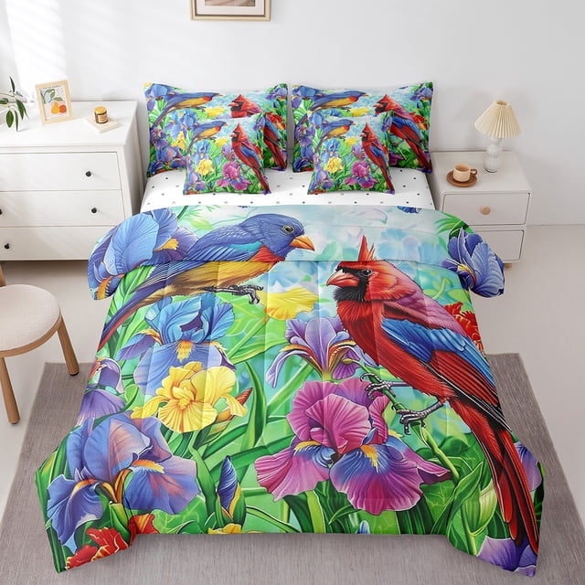 7 Piece Cardinal Bird Comforter Set Hummingbird Floral Bedding Set Full Rustic Iris Flowers Bed In A Bag Country Farmhouse Bedding Set With Comforter, Sheets, Pillowcase & Covers