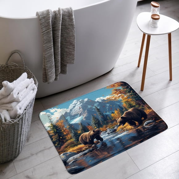 YSATNSFT Tapis de Bain Ours Forêt d'Automne Cabane Rustique Ferme Campagne Lodge Rivière Montagne Nature Salle de Bain Baignoire Tapis de Sol Paillasson Décoration de Toilette, 18 x 30 Po