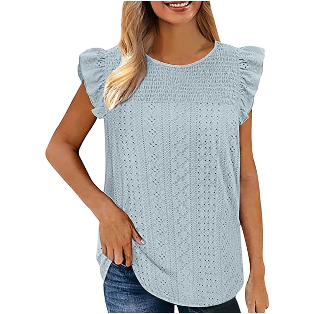 Plus Size Summer Tops for Women Crochet Crewneck Ruffle Shorts Sleeve T Shirts Loose Blouses
