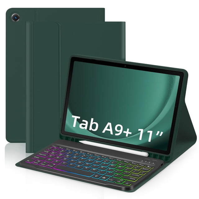 Mistaha Samsung Galaxy A9 Plus 5G Keyboard Case and Cover Set in Deep Green. This tablet sleeve features a built-in American English layout keyboard with Bluetooth 3.0 connectivity, multicolor backlighting, and PU leather material. Designed for the Samsung Galaxy A9 Plus 5G, it enhances functionality by turning the tablet into a mini laptop while providing easy access to all ports and buttons. Includes a stylus holder, USB-C charging cable, and user manual.