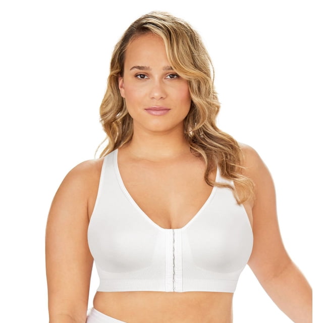 Exquisite Form #9601000 FULLY Seamless Full-Coverage Bra in white, wire-free with front closure, displayed on a model from a centered front view. It features smooth seamless fabric, wide no-dig straps, and a wide bottom band for full support and comfort, ideal for everyday and sleep wear.