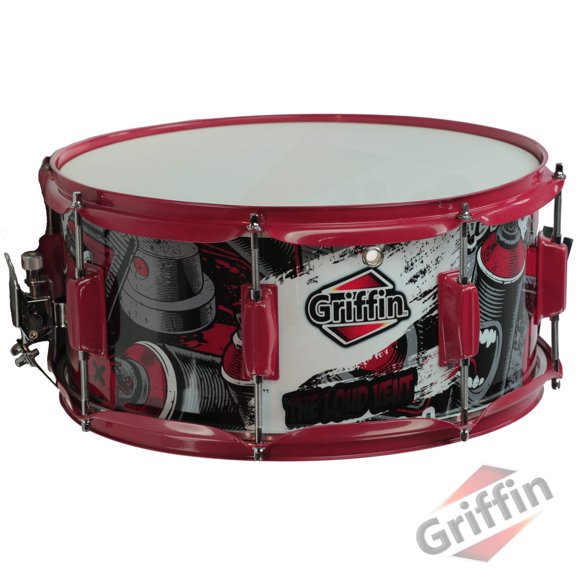 Snare Drum by GRIFFIN Birch Wood Shell 14""x6.5"" with Custom Graphic Wrap (Limited Edition) Percussion Acoustic Musical Instrument Kit & Drummers Key 8 Metal Lugs Head Set & Strainer Throw Off