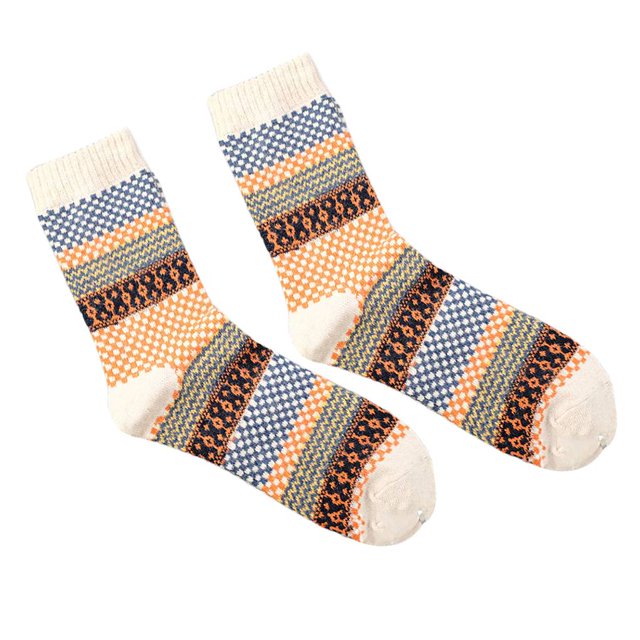 serony Winter Square Block Crew Length Wool Breathable Men Socks Vintage Ethnic Style Moisture Wicking