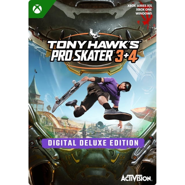 Tony Hawk's™ Pro Skater™ 3 + 4 – Deluxe Edition – Xbox Series X|S, One and Windows Digital Code cover art showing a skateboarder in mid-air wearing a purple shirt and black helmet, framed by a green robotic helmet with a futuristic skate park cityscape in the background, highlighting the digital deluxe edition and cross-platform multiplayer features.