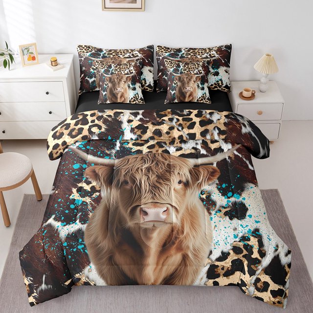 Erosebridal Highland Bull Bedding Sets Full Size, Cheetah Print Comforter Sets with Sheets, Rustic Farmhouse Decor, Reversible