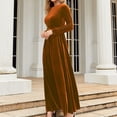 thumbnail image 4 of Robe Maxi de Soirée en Velours pour Femme Couleur Unie Col Rond Printemps Élégante Décontractée Plissée Taille Haute Bandage Tendance Liquidation Manches Longues Brun P, 4 of 7