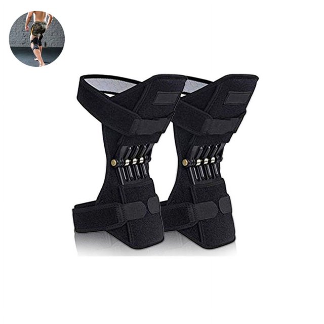 Power Knee Stabilizer Pads, 2020 Updated 1 Pair Powerknee Brace Joint Support. A pair of black knee braces with spring-loaded support mechanisms, designed to provide joint stability and reduce strain during movement. The braces feature adjustable straps for a secure fit and are suitable for activities requiring knee support.