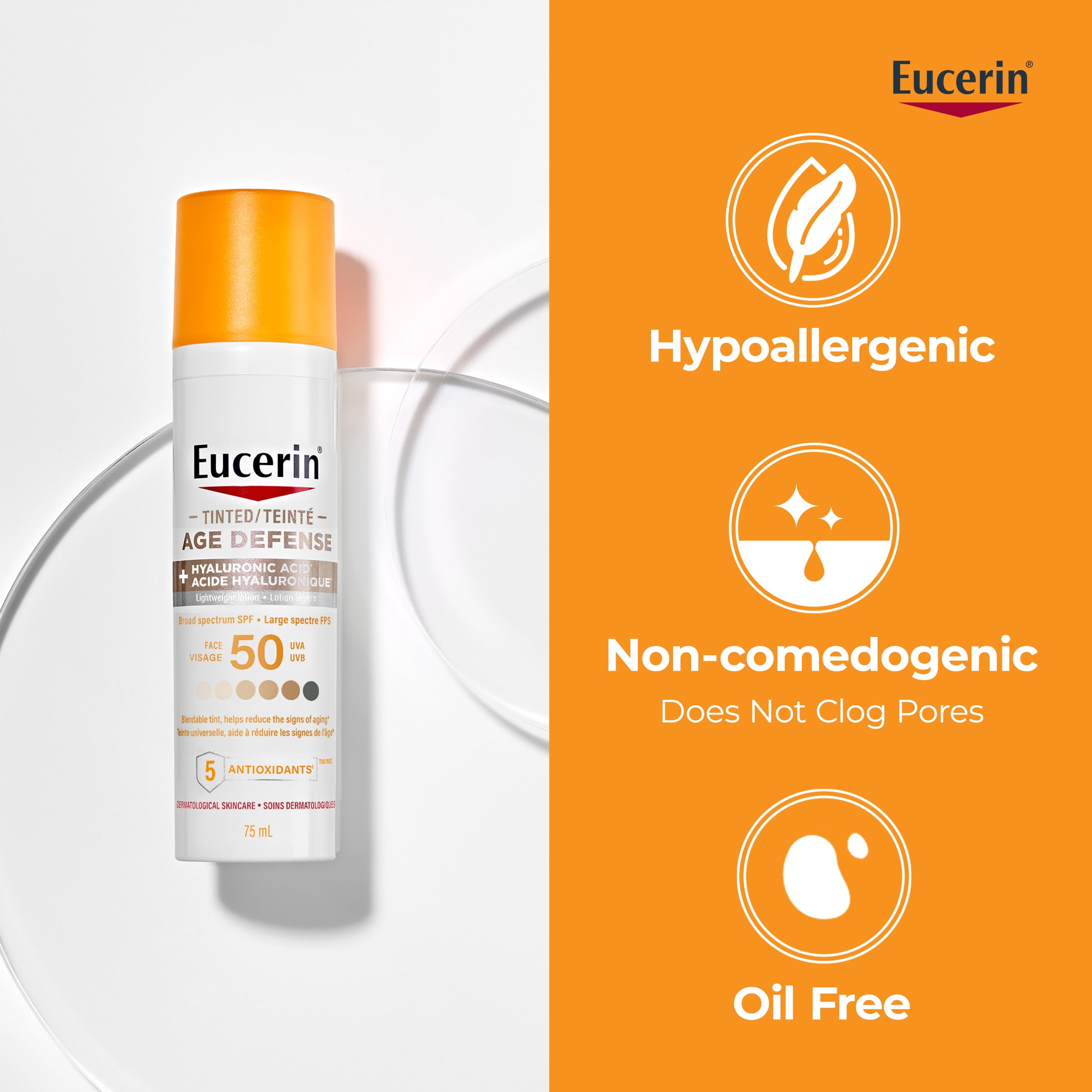 Eucerin Age Defense Teinté FPS 50 Lotion Écran Solaire Visage avec Acide Hyaluronique, 75 ml