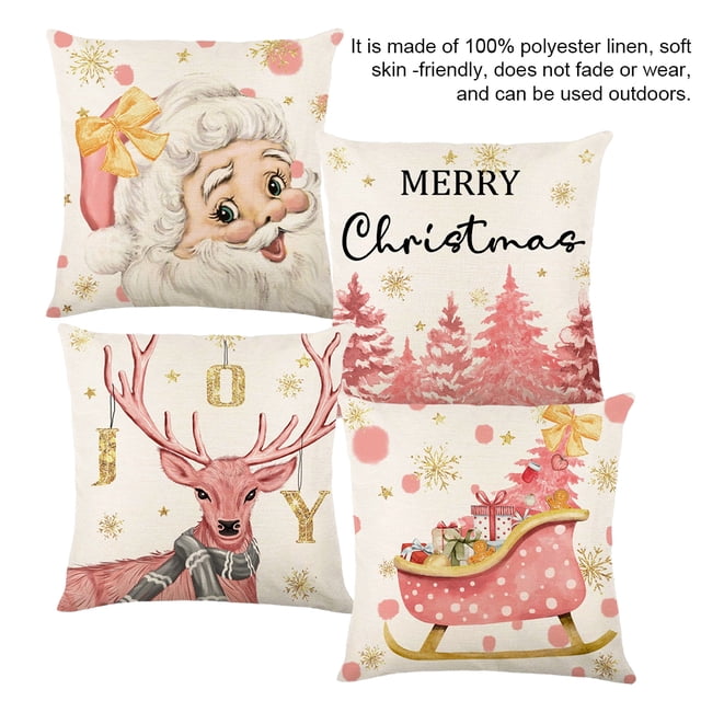 Baohd Made With Linen Pillow Cover For Extra Comfort And Durability Cartoon Santa Claus Pillow Case Christmas Pillowcase Pink Type-2 1Set. A set of linen throw pillow covers with festive holiday designs, including Santa Claus, reindeer, sleigh, and Christmas trees. The pink and gold accents make them ideal for home decor, adding seasonal charm to sofas, beds, or chairs.