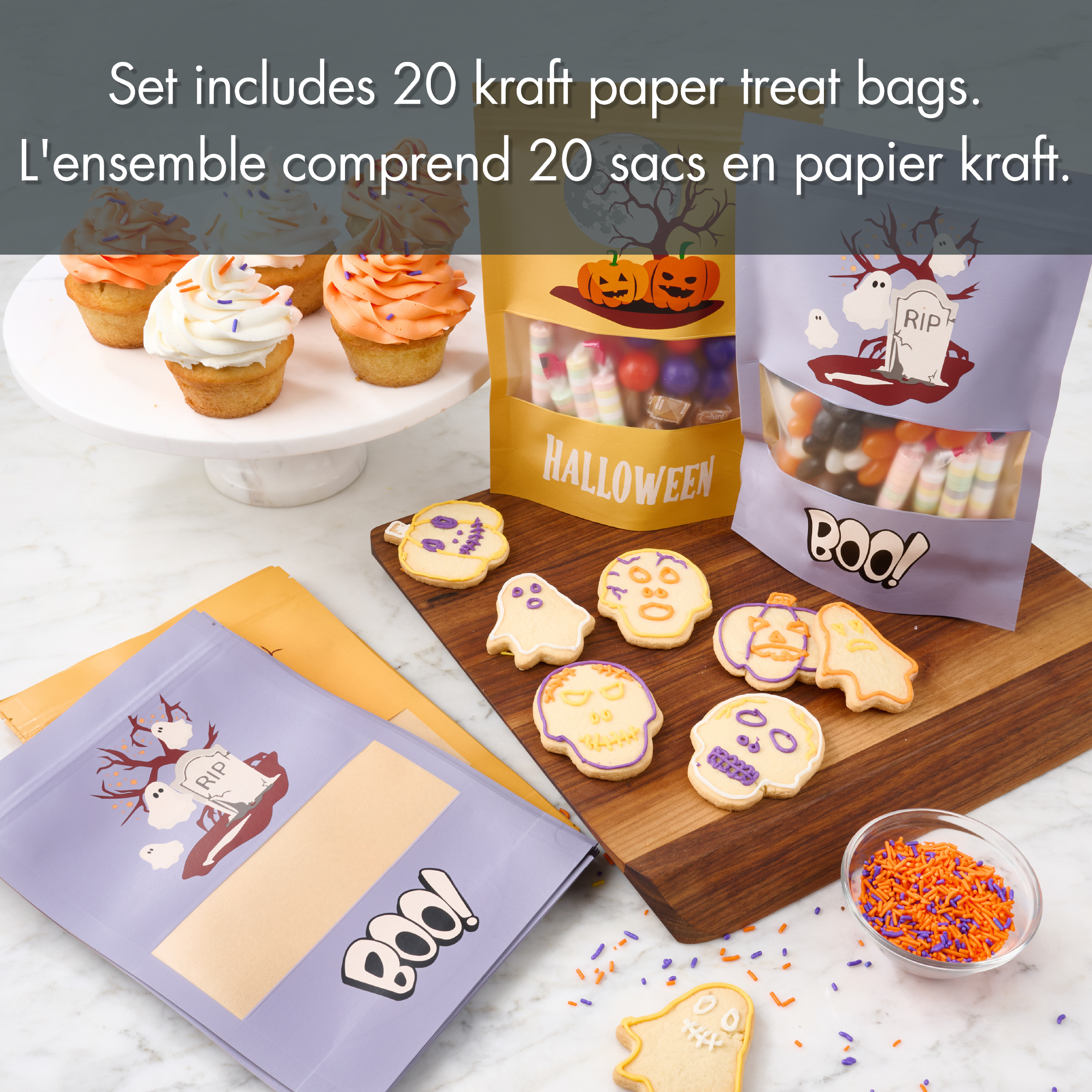 Ensemble de 20 sacs en papier kraft Tout-pour-Célébrer – Décors d’Halloween, orange et mauve