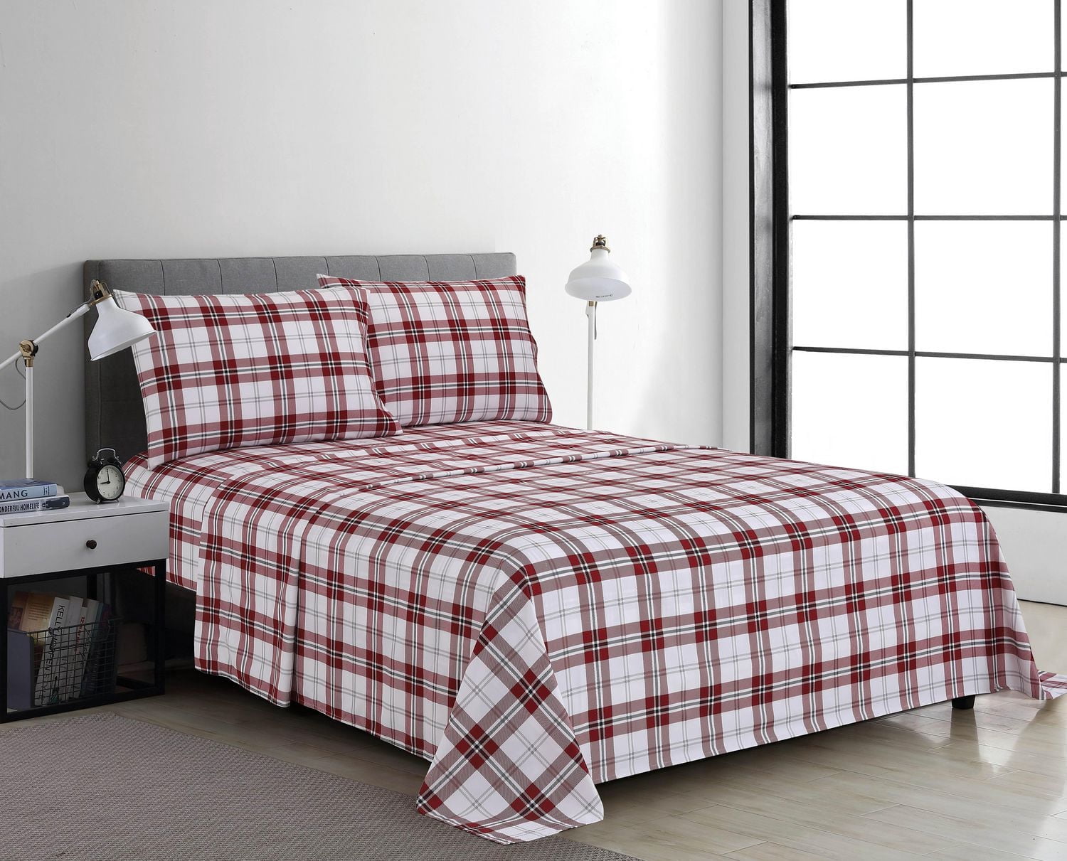 Swift Home 4-Piece Printed Sheet Set, Red Plaid, Queen Size