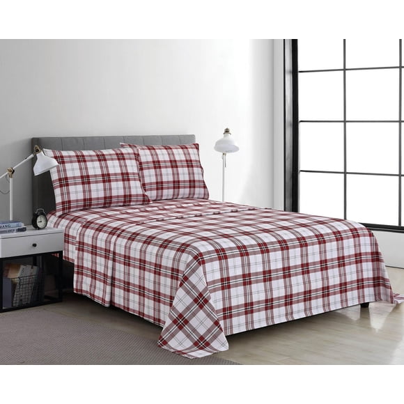 Swift Home 4-Piece Printed Sheet Set, Red Plaid, Queen Size