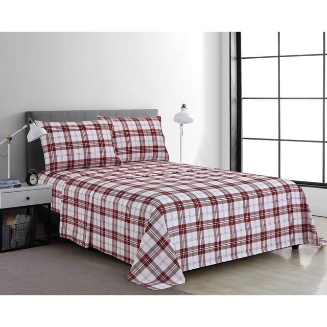 Ensemble de Draps en Microfibre 4 Pcs à Carreaux Rouges sur un Lit avec une Tête de Lit Rembourrée Grise dans une Chambre Minimaliste. l'Ensemble en Microfibre Infroissable Comprend des Draps-Housses Plats et à Poches Profondes pour Matelas jusqu'à 14 Pouces, plus Deux Taies d'Oreiller, le Tout dans un Motif à Carreaux Rouge, Blanc et Gris. la Pièce a un Plancher de Bois Clair, une Table de Nuit Blanche avec une Lampe et une Horloge, et une Grande Fenêtre avec un Encadrement à Grille Noire.