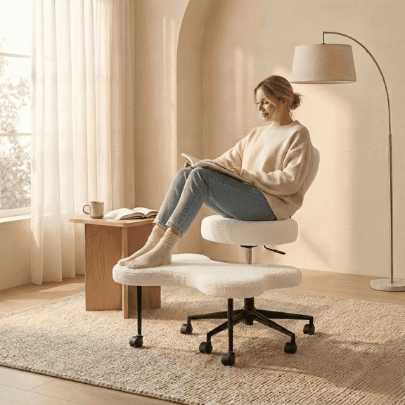Pinmoco Ergonomic Cross Legged Swivel Chair, Adjustable Height and Teddy Fabric, Meditation Chair with Back Support, Home and Office, Off White