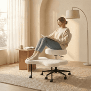 Pinmoco Ergonomic Cross Legged Swivel Chair, Adjustable Height and Teddy Fabric, Meditation Chair with Back Support, Home and Office, Off White