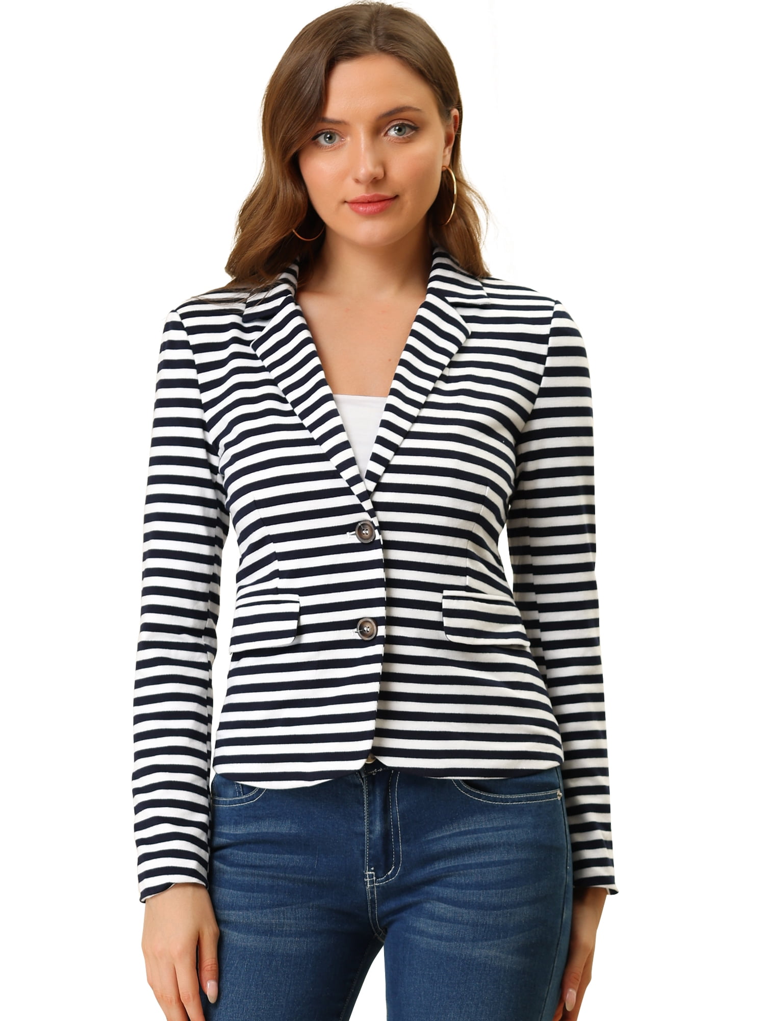 INSPIRE CHIC Women's Notched Lapel Button Closure Striped Blazer