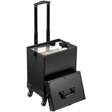 KFFKFF 5 in 1 Professional Makeup Train Case Aluminum Cosmetic Case, Rolling Makeup Case Extra Large Trolley Makeup Travel Organizer, with 360° Swivel Wheels & Adjustable Pull Rod, Black