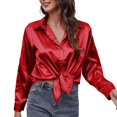 thumbnail image 1 of IROINID Économies Chemises à Manches Longues pour Femmes à Col en V Col Rabattu Chemise de Détente Unie T-Shirt Hauts, Rouge, 1 of 6