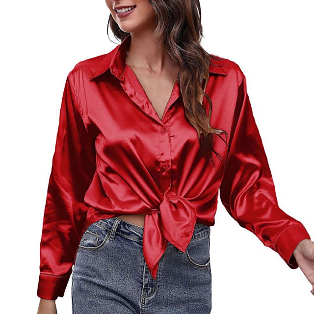 IROINID Économies Chemises à Manches Longues pour Femmes à Col en V Col Rabattu Chemise de Détente Unie T-Shirt Hauts, Rouge