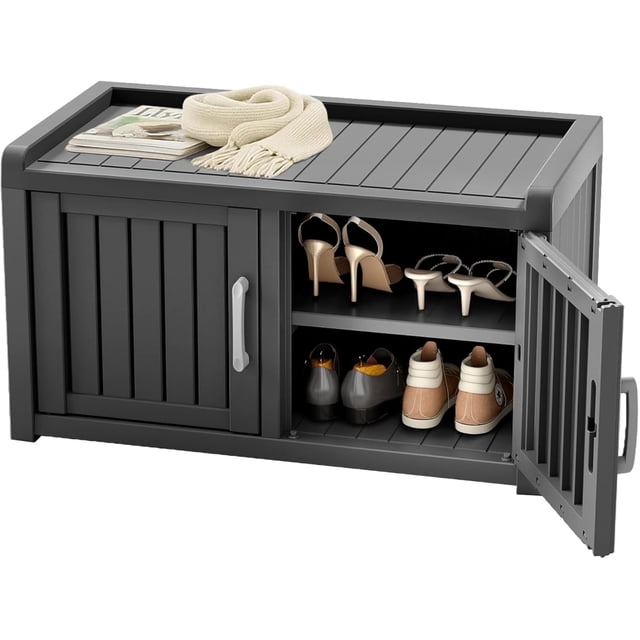 FICARTS Armoire à Chaussures à Deux Portes avec Banc de Rangement - Imperméable, Résistante aux UV, Tablettes Ajustables - Noir
