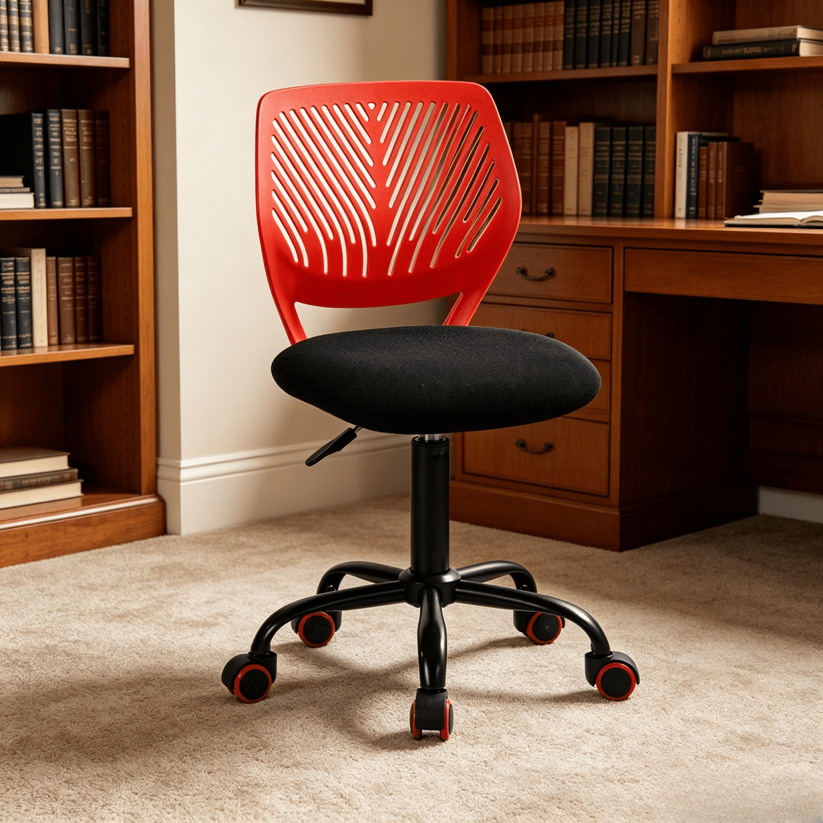 Homy Casa Kids Desk Chair, Red Black Adjustable Small Task Chair with Wheels, Armless Swivel Study Chair for Bedroom