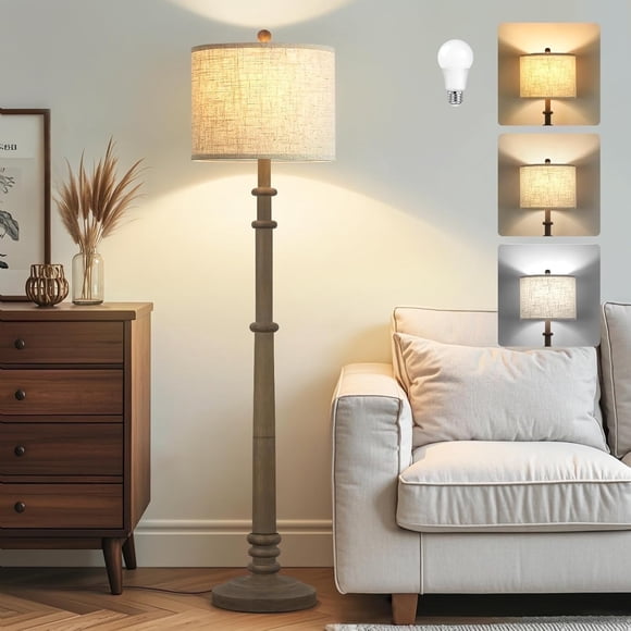 NATYSWAN Floor Lamps for Living Room - 60" Resin Farmhouse Floor Lamp with 3 Colour Temperatures - Vintage Standing Lamp Reading Light with Linen Shade Retro Tall Lamp for Bedroom Office
