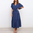 thumbnail image 4 of LOVZFMLL Women Solid Short Sleeve Loose Ruffles Lacing Dress Dark Blue L, 4 of 6
