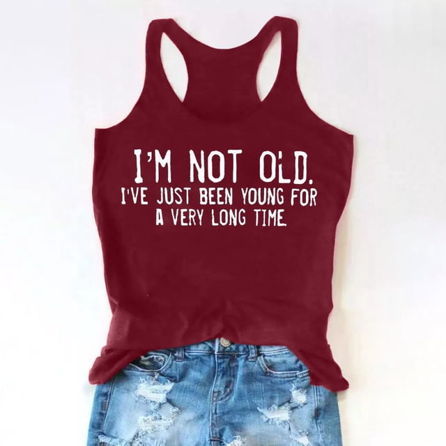 Meichang Débardeurs Je Ne Suis Pas Vieille pour Femmes 2024 Dos Nageur Col Rond T-Shirts T-Shirts à Lettres Amusantes Mode d'Été Sans Manches Débardeurs T-Shirts