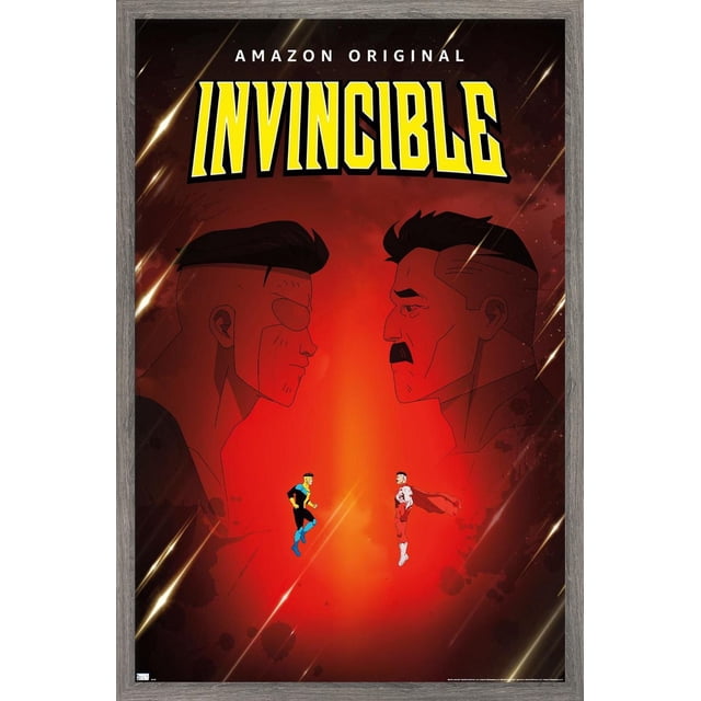 Invincible - Affiche Murale Père et Fils en une Feuille, 22,375 Pouces x 34 Pouces, Impression Encadrée Lustrée avec un Arrière-Plan Dégradé Rouge et Noir Montrant Deux Grands Profils Latéraux Masculins Se Affrontant et des Figurines de Superhéros Plus Petites Flottantes au Centre sous le Titre Jaune « Invincible » et le Texte Blanc « Amazon ORIGINAL », Idéale pour la Déco Murale de la Maison Ou du Bureau.