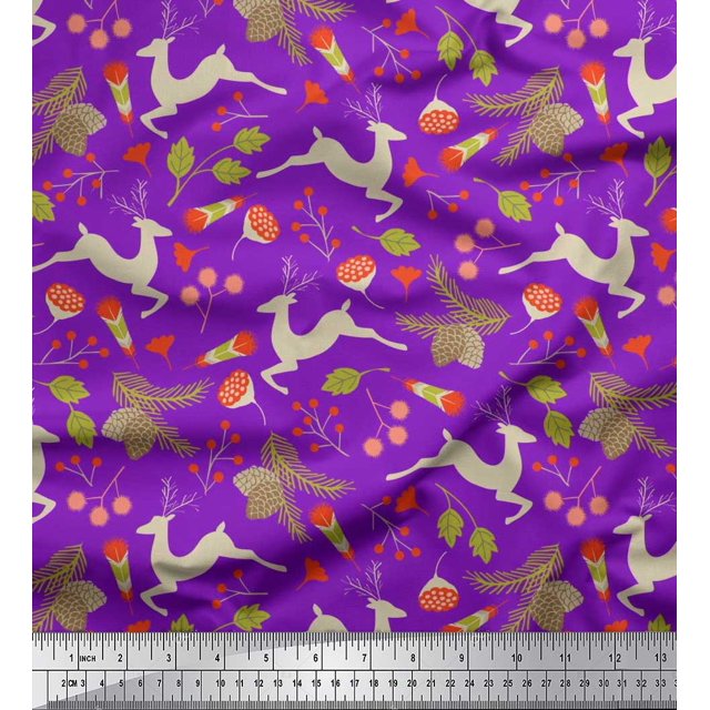 Soimoi Polyester Crepe Fabric Leaves & Reindeer Animal Fabric Prints by Yard 42 Inch Wide